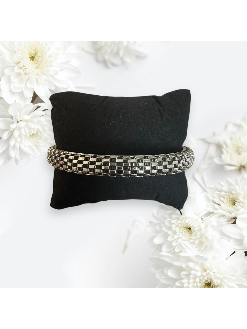 Silver Tone Checkered Bracelet • Geometric Pattern